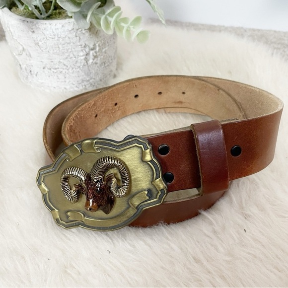 Women's 100% Leather Gold Ram Buckle Boho Indie Unique Belt - Picture 1 of 5